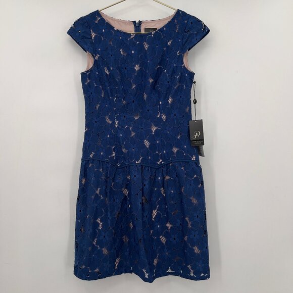 Adrianna Papell Cocktail Blue Floral Lace Fit & Flare Mini Dress Women’s  4 NWT - Picture 1 of 12